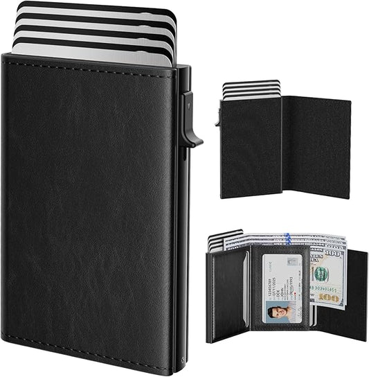 typecase Mens Wallet Card Holder: Pop Up Aluminum Case, Genuine Leather, Smart, RFID Blocking, Slim, Minimalist, Front Pocket - 9-14 Card Capacity | ID Window | Cash Slot - Oil Wax Black