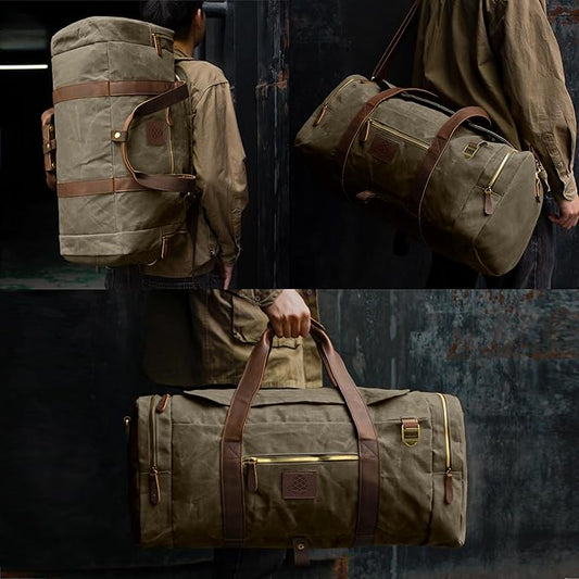50L Duffle Bag for Men, Nomad Waxed Canvas Travel Duffel Bag Vintage Genuine Leather Travel Handbag Upgraded Weekender Overnight Backpack with Shoes Compartment (Vintage Grey)