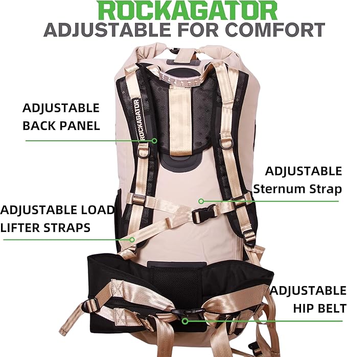 Rockagator Kanarra 90L Waterproof Backpack for Camping, Hiking, Mountaineering, Backpacking, Hunting, Fishing, Canoeing, Outdoor Activities, The Wet Outdoors - Large Capacity, Roll Top Closure, Tan