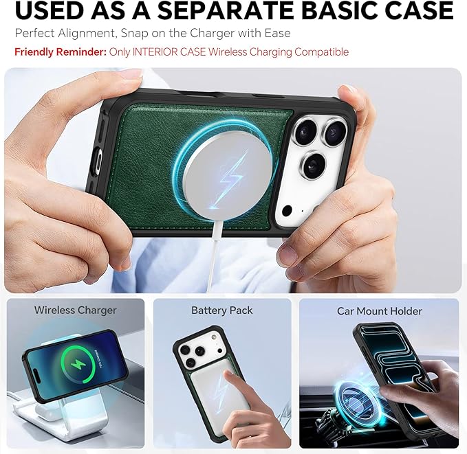 TUCCH 2-in-1 Removable Wallet Case for iPhone 17 Pro (6.3-inch) 2025, Wireless Charging | RFID Blocking 4 Card Holder | Wrist Strap | Kickstand | Magnetic | PU Leather | Protective Cover | Dark Green