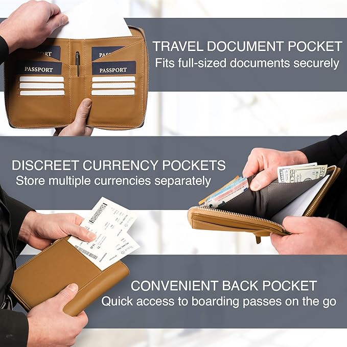 Full Grain Leather Family Passport Holder for 2-4 Passports - RFID Passport Holder and Travel Document Organizer - Large Leather Travel Wallet for Couples and Families - Camel