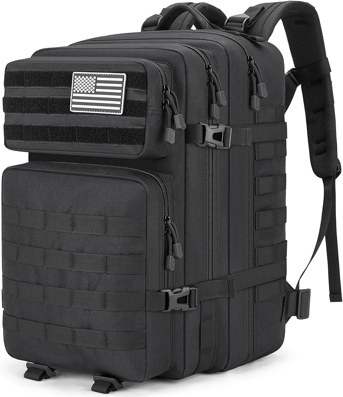 Tactical Backpack 45L Military Rucksack, Water Resistant MOLLE Assault Pack, Large 3 Day Bug Out Bag for Men & Women, Durable Outdoor Gear for Hiking, Camping, Hunting, Travel (Black)