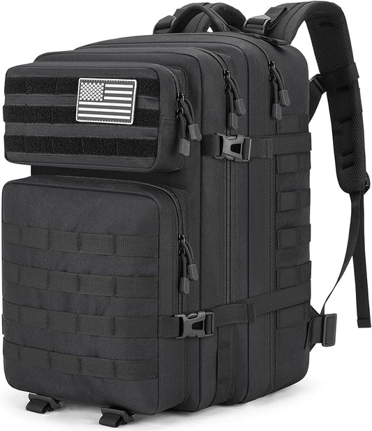 Tactical Backpack 45L Military Rucksack, Water Resistant MOLLE Assault Pack, Large 3 Day Bug Out Bag for Men & Women, Durable Outdoor Gear for Hiking, Camping, Hunting, Travel (Black)