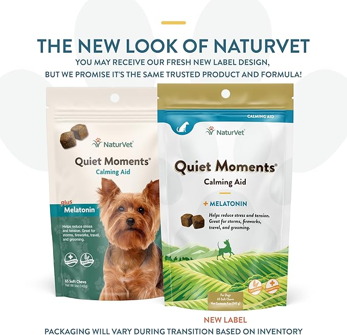 NaturVet Quiet Moments Calming Dog Supplement, Dog Soft Chews with Melatonin to Help Reduce Stress from Storms, The Vet, Fireworks, and Travel, Bacon and Chicken Flavored Pet Supplement, 65 Count