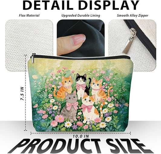 Cute Cat Flower Small Makeup Bag for Women, Kitty Cosmetic Zipper Travel Toiletry Bag for Daughters, Friends, Cats Girl & Women. Ideal Gifts For Travel, Birthdays, Graduation & Christmas.