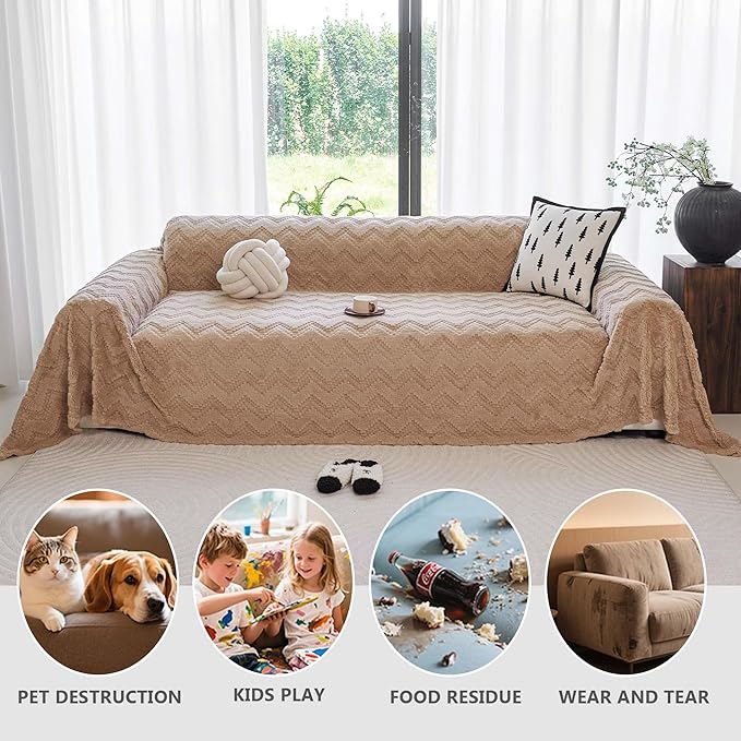 Sherpa Fleece Couch Cover for 3 Cushion Sofa, Brown, 71" x 150" - Pet Proof Sofa Covers Heavy Duty Scratch Resistant Pet Friendly Furniture Cover - Easy Install, Machine Washable