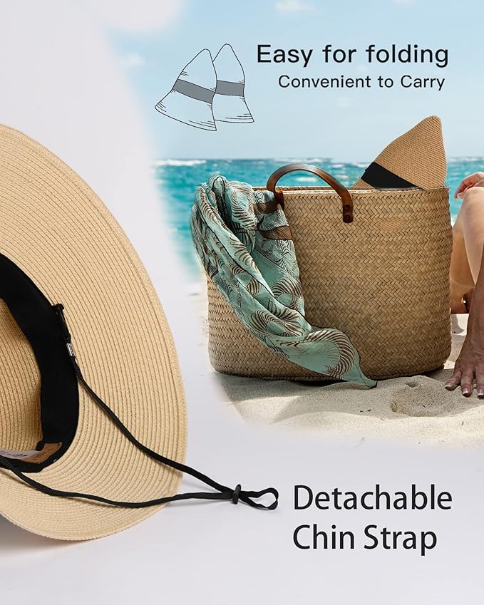 FURTALK Womens Beach Sun Straw Hat UV UPF 80+ Travel Foldable Brim Summer UV Hat