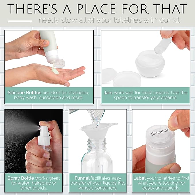 Travel Size Toiletry Bottles, Kit of 16 - TSA Approved Toiletries Essentials for Flying - Silicone Containers, Squeeze Bottles and Accessories for Shampoo, Conditioner, Liquids, Perfume, White
