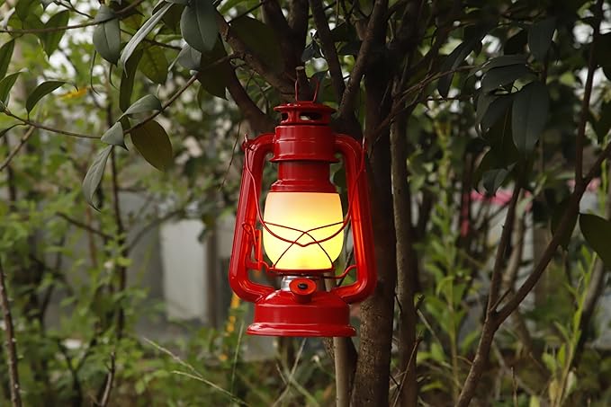 YAKii LED Vintage Flame Lantern Metal Outdoor Hanging Lantern with Dancing Flame Battery Operated Halloween Outdoor Indoor Decoration(Red Pack of 2)