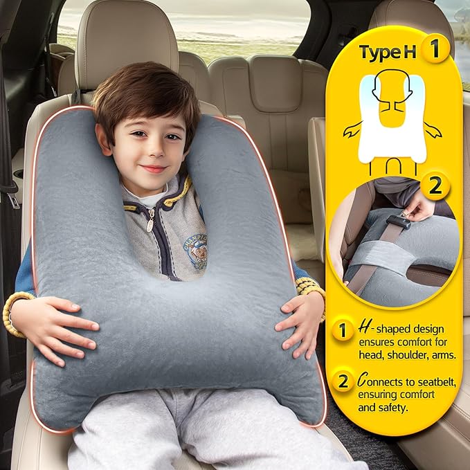 MAGIC ELEPHANT Travel Pillow for Car Sleeping, Car Pillow for Kids Travel and Adults, Neck Pillow and Road Trip Essentials for Kids, Light Grey