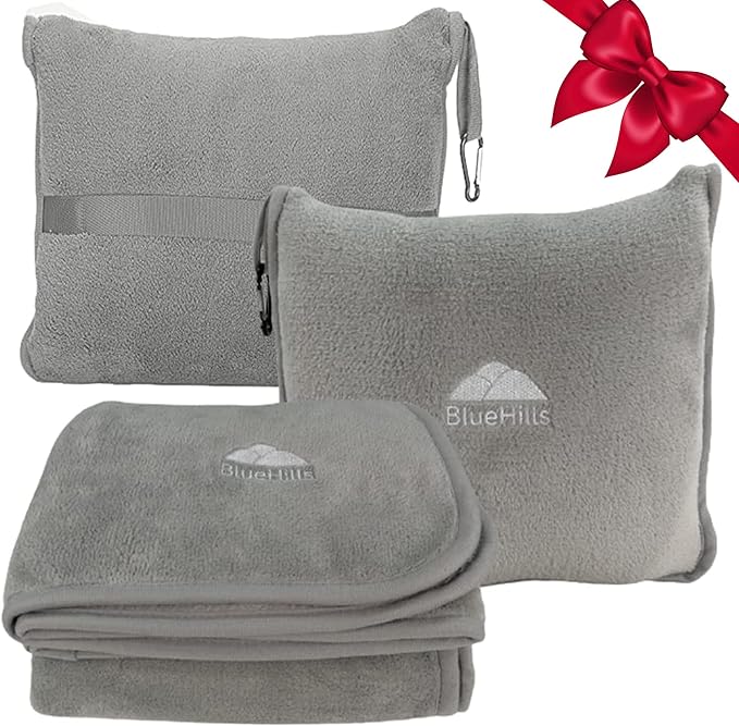BlueHills Premium Soft Travel Blanket Pillow Airplane Flight Blanket Throw in Ultra-Soft Bag Pillow case Luggage Sleeve & Backpack Clip Large Air Warm Traveler Essentials - Light Gray T024