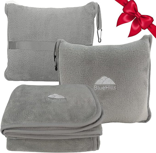 BlueHills Premium Soft Travel Blanket Pillow Airplane Flight Blanket Throw in Ultra-Soft Bag Pillow case Luggage Sleeve & Backpack Clip Large Air Warm Traveler Essentials - Light Gray T024