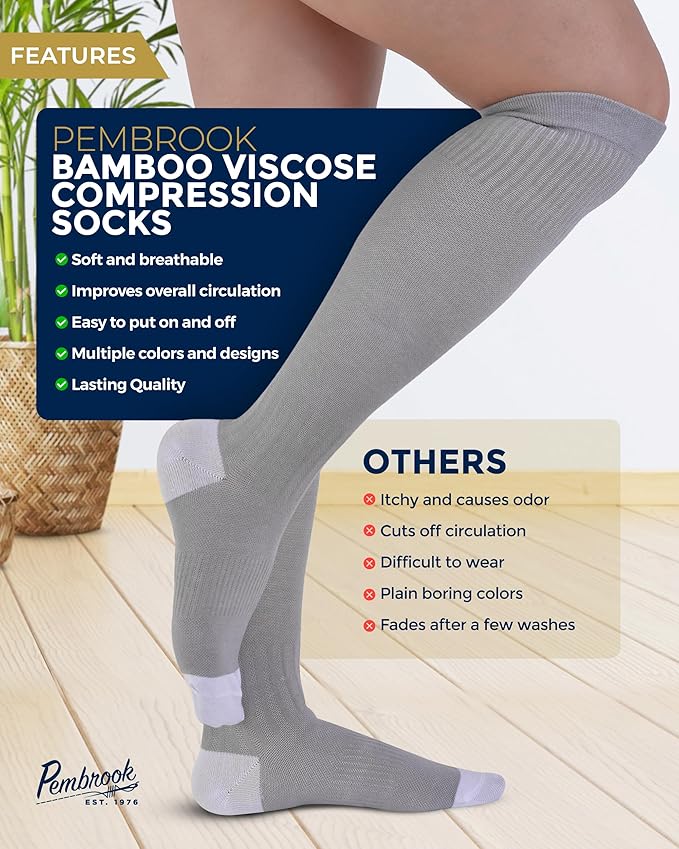 Pembrook Bamboo Viscose Light Compression Socks - 3 Pairs | 8-15 mmhg Compression Socks | Knee High Comfort Support Socks