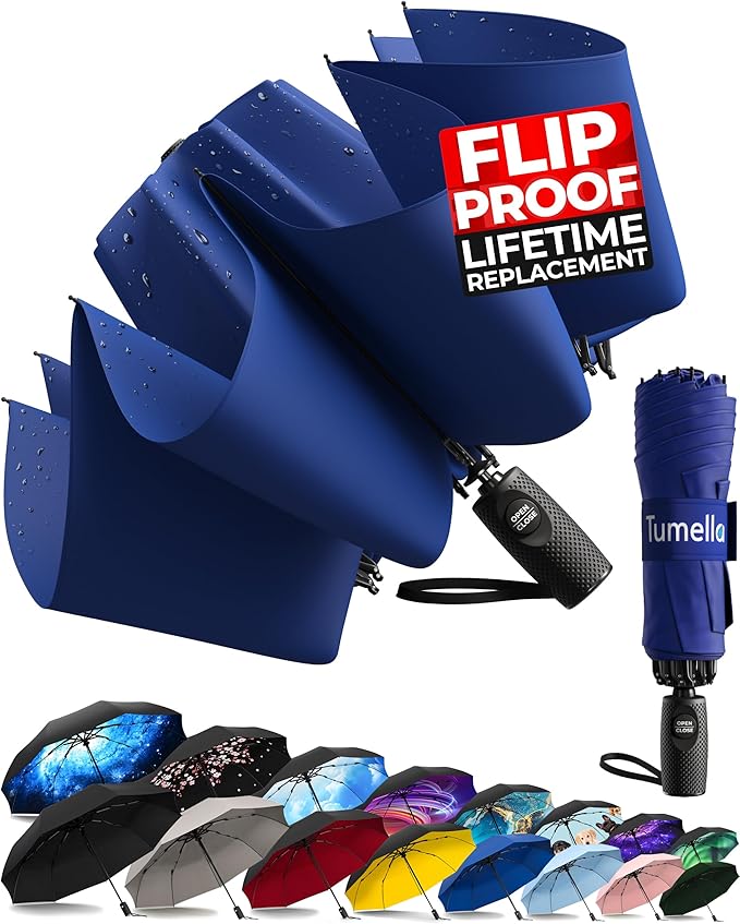 TUMELLA Flip-proof Inverted Travel Umbrella, Small Strong but Light Portable and Automatic Reverse Folding Rain Umbrella, Durable Premium Grip, Fits Car & Backpack