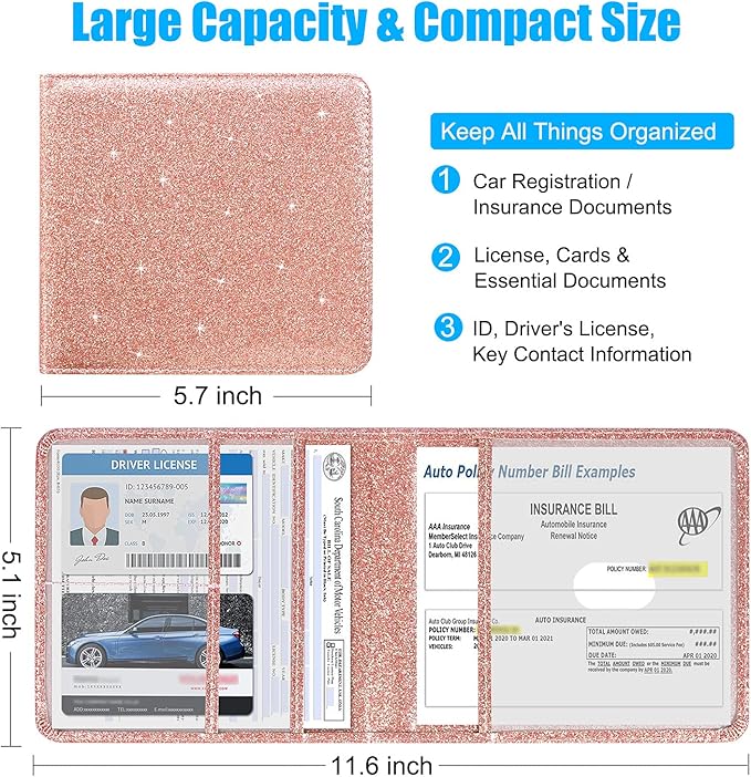 DMLuna Car Registration and Insurance Holder, Folio Leather Vehicle Card Document Glove Box Organizer, Auto Truck Compartment Accessories for Essential Information, Driver License Cards, Glitter Rose