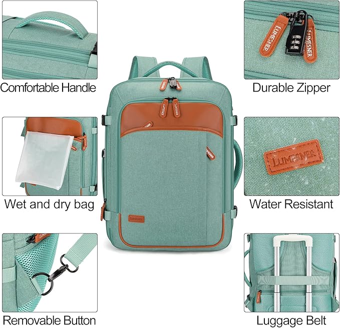 Lumesner Carry on Travel Backpacks, Extra Large 40L Flight Approved for Men & Women,Expandable Suitcase backpack (Green (Backpack With 4 Packing Cubes))