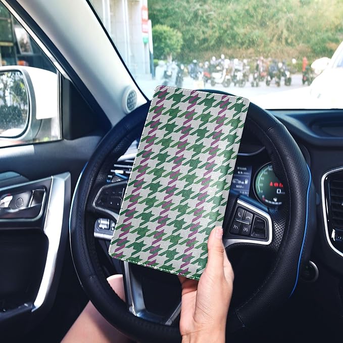 linqin Car Registration and Insurance Card Holder, Houndstooth Purple Green Glove Box Organizer Card Document Wallet