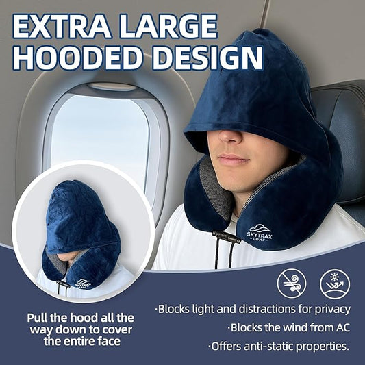 Travel Pillow with Extra Large Hood for Airplane Long Flights Privacy and Comfort Memory Foam with Velvet Cover for Road Trip Head&Neck Support for Plane Office Cars Sleeping & Rest (Navy Blue)