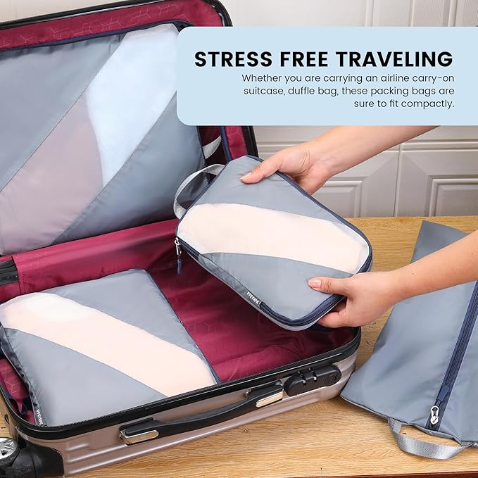 Lightweight Compression Packing Cubes for Suitcases, Compressible Expandable Travel Packing Organizer with Clear Toiletries and Backpack Bag, Travel Essentials for Carry on Luggage 7 Set