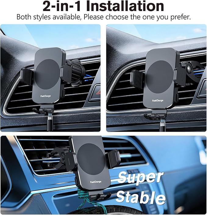 Car Phone Holder, MOYAC Wireless Auto-Clamping Car Mount with Metal Hook Clip, 360° Rotation, One Button Quick Release, Air Vent Cell Phone Car Mount for iPhone/Galaxy/Google/LG and All Smartphone,15W