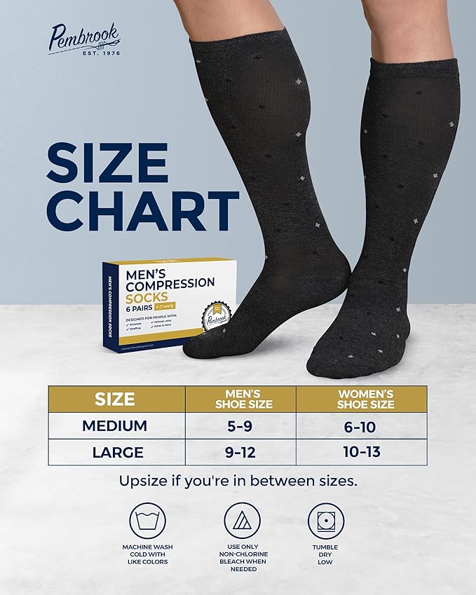Pembrook Light Compression Socks for Men - 6 Pairs | 8-15 mmHg Graduated Compression Socks for Men 9-12 | Support Socks