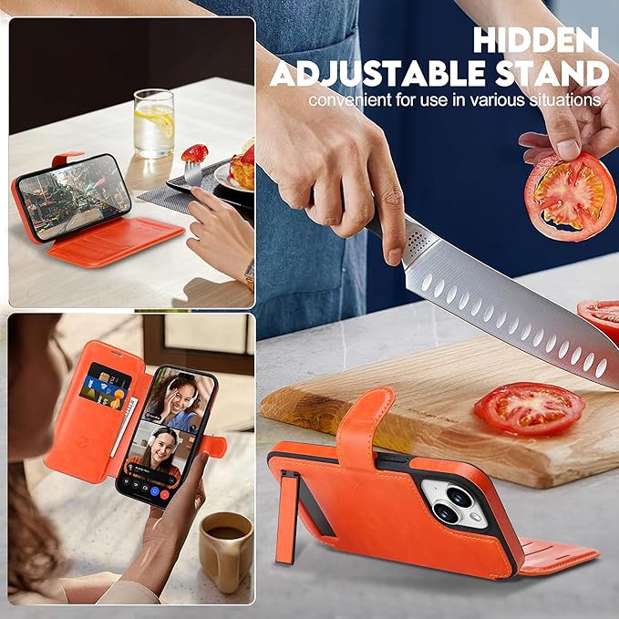 CIVICASE for iPhone 15 Wallet Case with Stand,PU Leather Flip Credit Card Holder Slots (RFID Blocking),Compatible with Magsafe Magnetic Holder Phone Cover Women Men, Orange