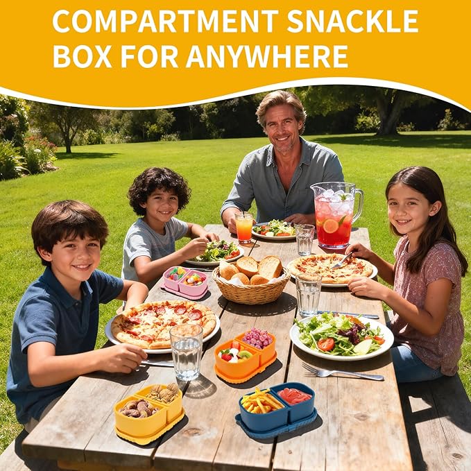 AKGGBOOOM 4 Pack 8.5oz 2-Compartment Snack Containers, Kids Snack Container with Leakproof Lids, Small Silicone Bento Box & Fruit Containers for Lunchbox, School, Travel, and Meal Prep