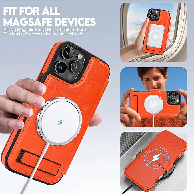 CIVICASE for iPhone 14 Pro Wallet Case with Stand,PU Leather Flip Credit Card Holder Slots (RFID Blocking),Compatible with Magsafe Magnetic Holder Phone Cover Women Men,Orange