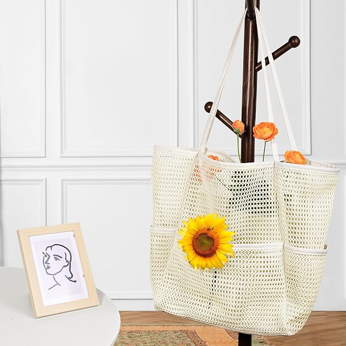 Iioscre Mesh Beach Tote Bags for Womens, Causal Hobo Pool Bags for Swimming Pools Vacations Beach Essentials