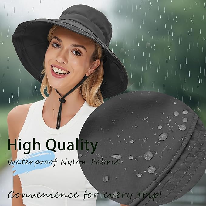 Sun Hats for Women Men UV Protection Wide Brim Bucket Hat with Ponytail Hole Waterproof Gardening Fold-Up Summer Cap