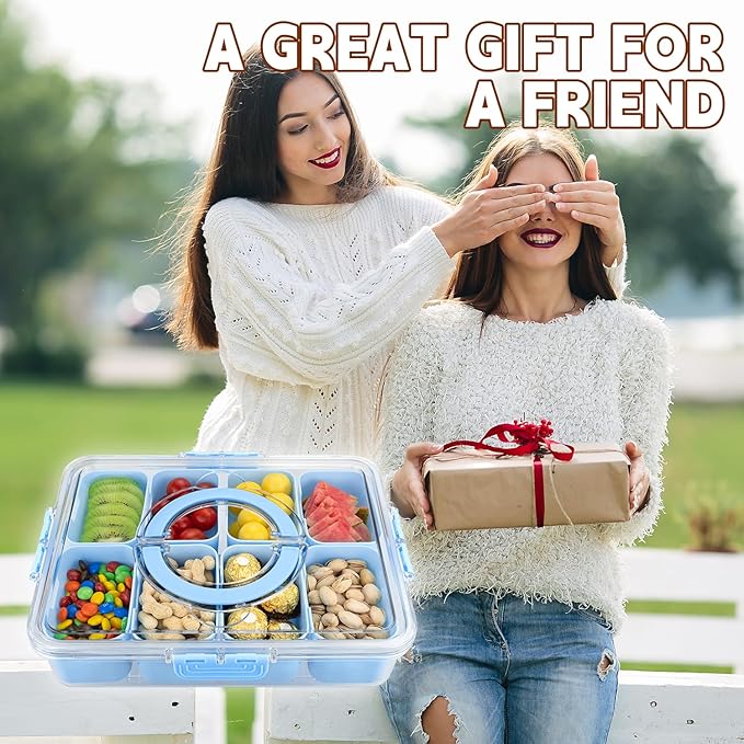 Divided Serving Tray with Lid and Handle,8 Compartments Snacks Box,Snack Fruit Veggie Tray,Portable Platter for Candy Fruits Nuts Snack Party Entertaining Picnic (Blue)