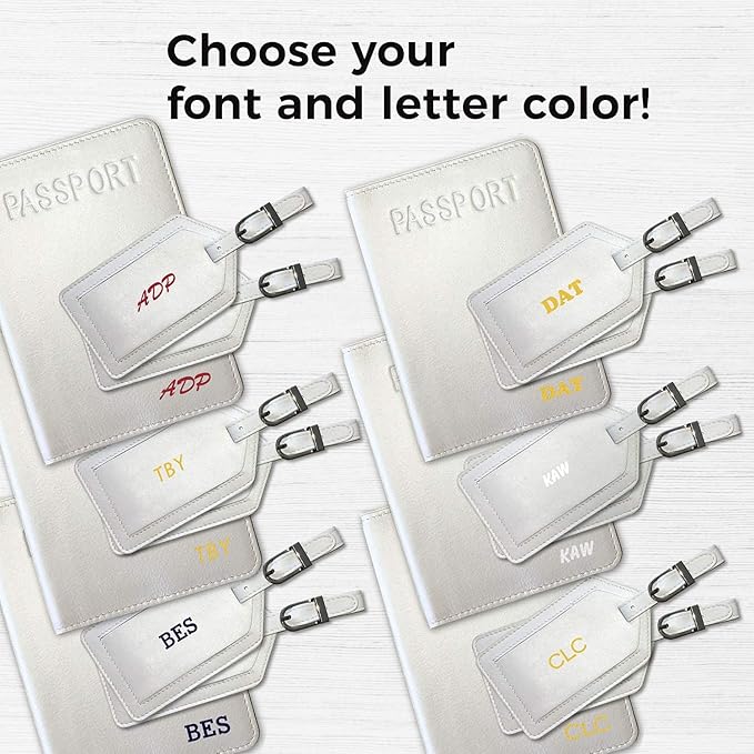 Personalized Monogrammed White Leather RFID Passport Cover Holder and 2 Luggage Tags