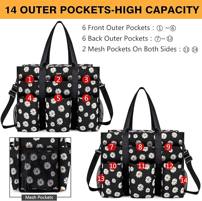 IBFUN Utility Tote Bag with 14/24 Pockets Zip Top Teacher Tote Bag for Teacher/Work Women