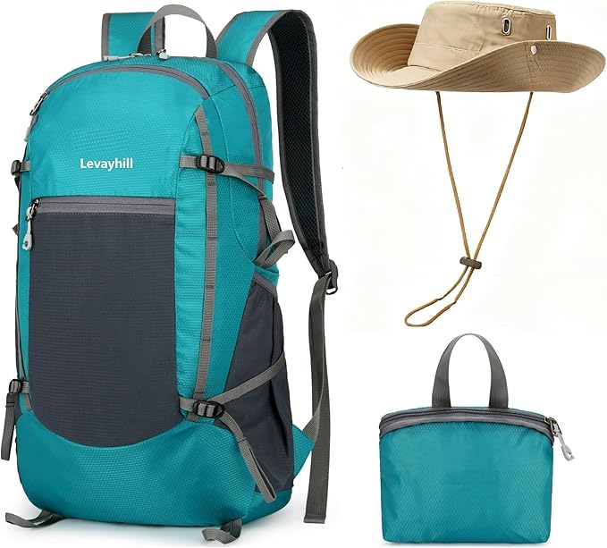 30L Foldable Backpack & Bucket Hat 2 In 1 Combo, Lightweight packable Travel and Fisherman Hat Set, Compact Collapsible Daypack with Sun Hat (Lake Blue)