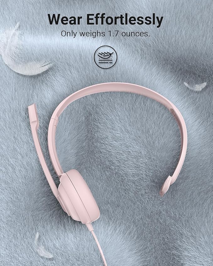 NUBWO HW02 USB Headset with Microphone Noise Cancelling &in-line Control, Ultra Comfort Computer Headphones for Laptop pc, On-Ear Wired Office Call Center Headset for Boom Skype Webinars (Pink)