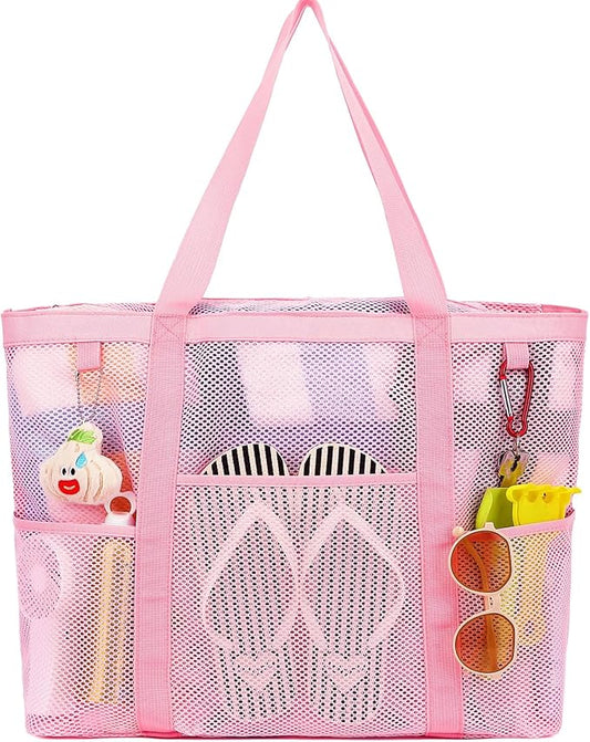 Mesh Beach Bag, Large Beach Tote with Zipper Pocket for Family Pool Bag for Toys & Vacation Essentials