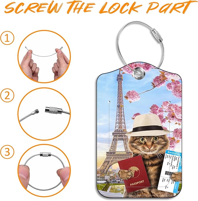 2 Pack Luggage Tag for Suitcase Funny Cat Passport Leather Travel Cruise Luggage Tag with Stainless Steel Loop Name ID Label Privacy Cover for Adults Teens Travel Bag Labels Set