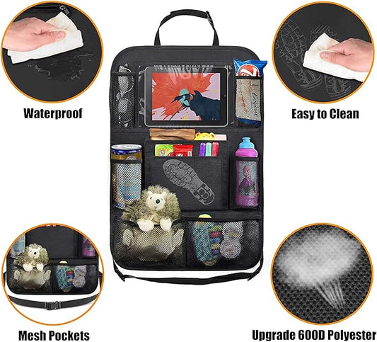 Car Backseat Organizer with 10" Table Holder, 9 Storage Pockets Seat Back Protectors Kick Mats for Kids Toddlers, Travel Accessories, 2 Pack