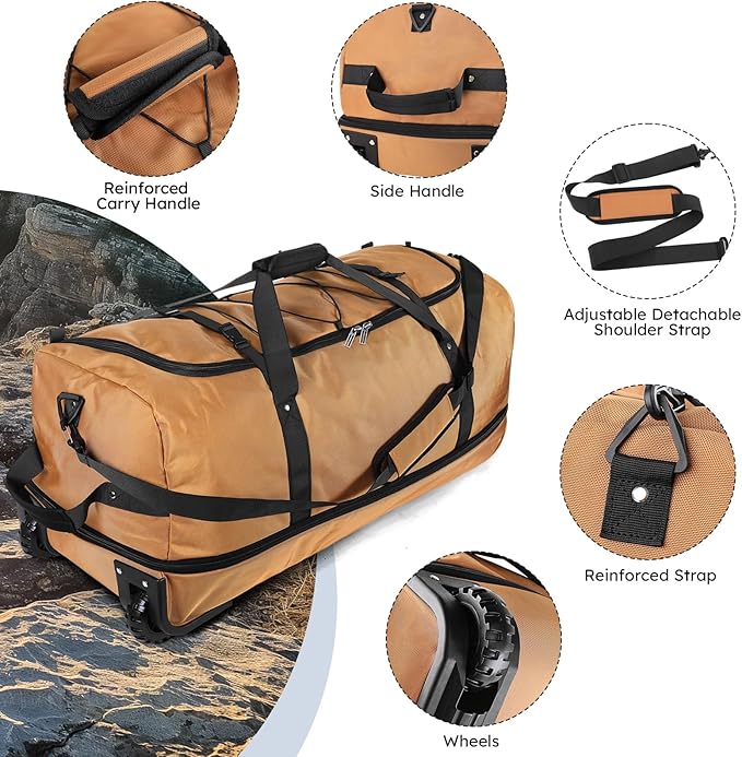 110L Expandable to 140L 32” Foldable Oxford Soft-Sided Rolling Duffle Bag with 2 Heavy-Duty Wheels,3 Large Compartments,Adjustable Shoulder Strap and Attached Organizer Pouch,Coffee