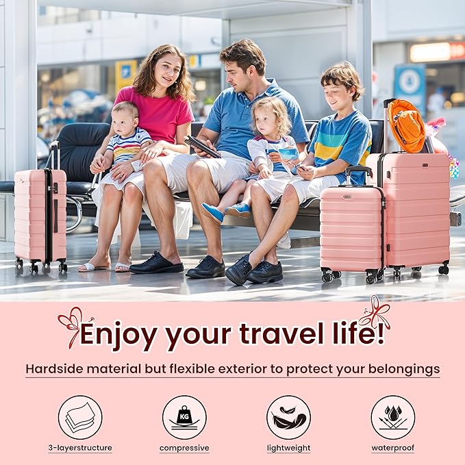 AnyZip Luggage Sets 4 Piece Hardshell Suitcase Set PC ABS Lightweight Travel Suitcases with 4 Double Spinner Wheels TSA Lock 20 24 28 32 Inch Pink
