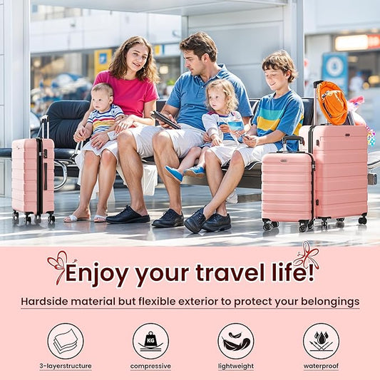 AnyZip Luggage Sets 3 Piece Hardshell Suitcase Set PC ABS Lightweight Travel Suitcases with 4 Double Spinner Wheels TSA Lock 20 24 28 Inch Pink