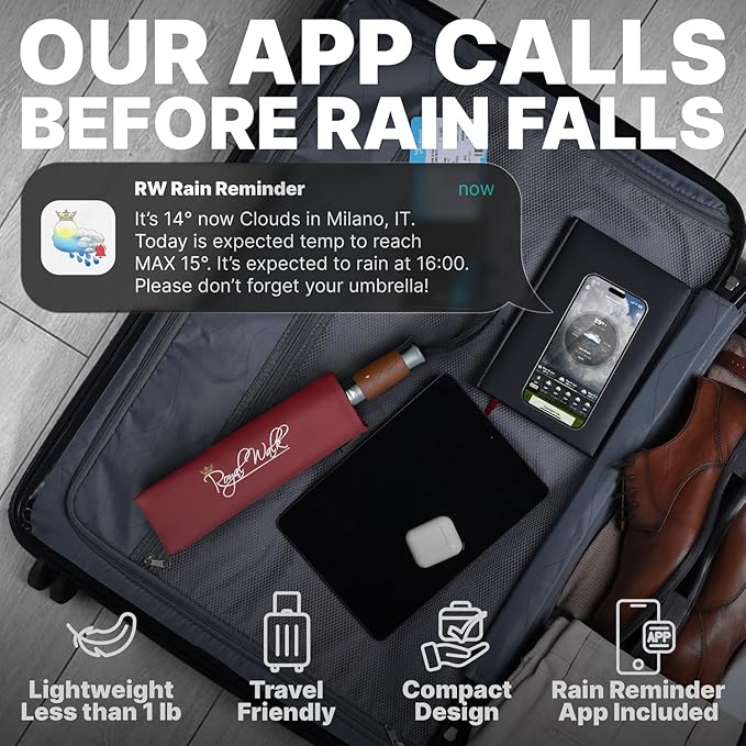 Royal Walk Windproof Folding Travel Umbrella Compact and Strong Luxurious Real Wood Handle Automatic Open Close Vented Double Canopy for Men and Women