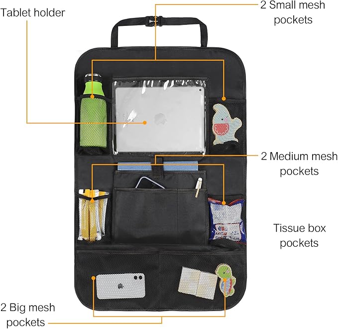 Car Storage Organizer 2 PCS,Car Backseat Organizer for Kids Durable Waterproof Oxford Fabric with Touchable Tablet Holder 8 Mesh Pockets and 2 Pockets for Snacks Toys,Car Travel Accessories