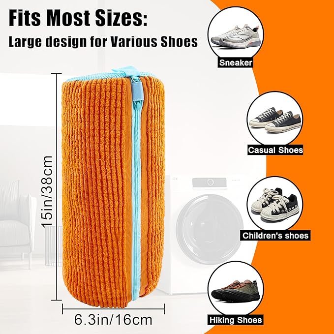 XXL Shoe Washing Machine Bag - 2-Pack Reusable Shoes Cleaning Bags, 360° Deep Clean for Sneakers, Tennis Shoes, and Slippers, Includes 2 Shoe Storage Dust Bags (Orange)