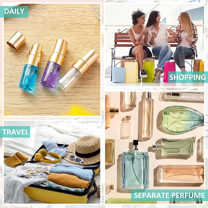 Zhehao 75 Pcs Mini Spray Bottles 2 ml Clear Glass Perfume Bottles Refillable Fine Mist Perfume Atomizer Portable Empty Sample Containers for Cleaning, Essential Oils, Travel (Gold Cap)