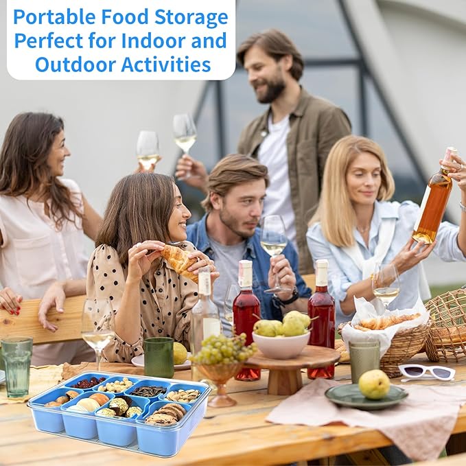 Yuroochii Snackle Box Container, Portable Snack Box 8 Compartment Divided Serving Tray with Lid & Handle, Clear Snack Charcuterie Platter for Travel Candy Party Fruit Salad (Blue)