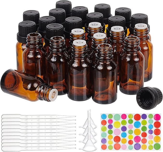 BENECREAT 24 Pack 15ml Brown Glass Essential Oil Bottles Refillable Container Kits with Plastic Droppers, Funnel Hoppers and Sticker for Aromatherapy Fragrance Cosmetic Oil