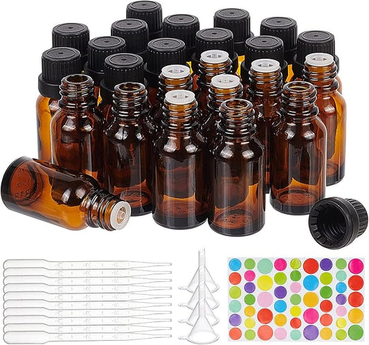 BENECREAT 24 Pack 15ml Brown Glass Essential Oil Bottles Refillable Container Kits with Plastic Droppers, Funnel Hoppers and Sticker for Aromatherapy Fragrance Cosmetic Oil