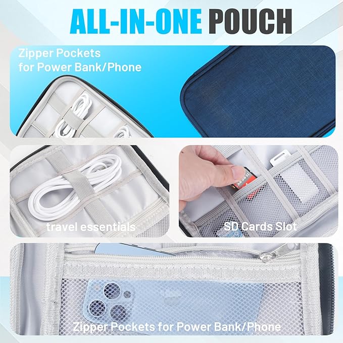 Travel Cable Organizer Bag, Electronics Organizer Tech Pouch with Double Layers for Cords, Chargers, Phone, Earphones, USBs, SD Cards - Travel Essentials Portable Waterproof Tech Pouch