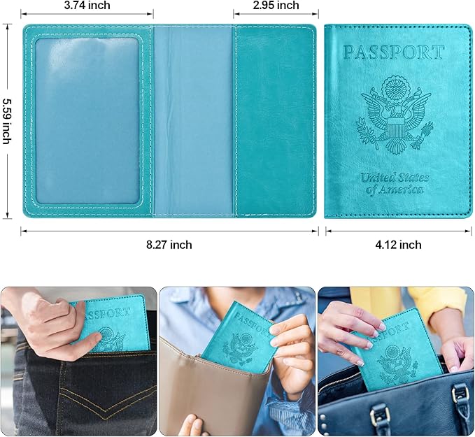 Passport and Vaccine Card Holder Combo with Vaccine Card Slot, Passport Wallet, Passport Cover/ Case for Women and Men(AK-turquoise)